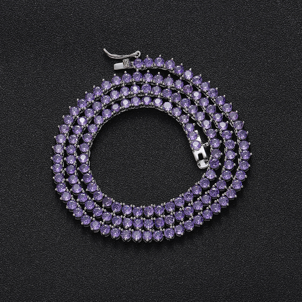 3mm three-prong purple tennis chain womens personalized necklace ins hip-hop silver purple zirconia choker jewelry