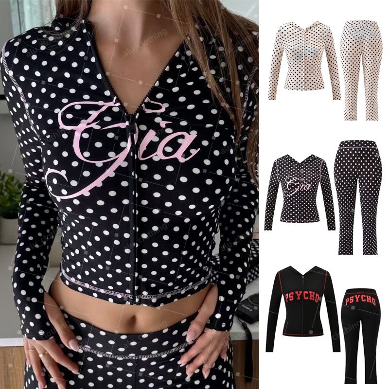 Women Yoga Tracksuit Iamgia Style Set Bell Bottoms Low Waisted Tracksuit for Women Zip-Up Long Sleeve Top and Low Waisted Micro Social Setting I Am Gia Setng
