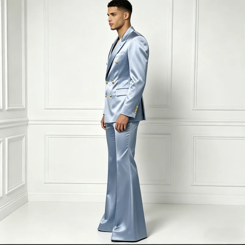 Mens Satin Suit Set 2 Piece Notch Lapel Double Breasted Gold Button Blazer Flare Pants Formal Wedding Prom Party Groom Outfit 260424 - view 3