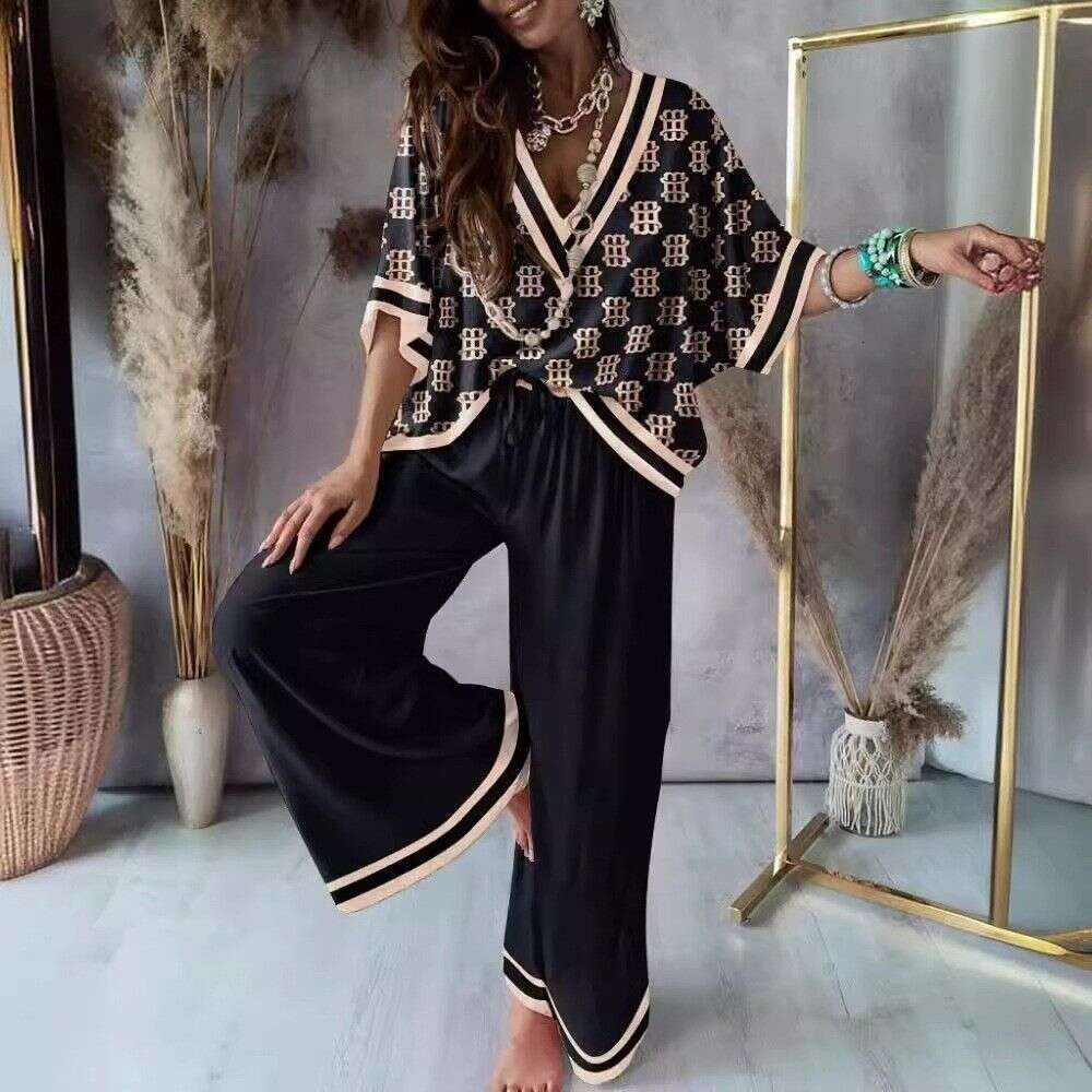 New Niche European American Foreign Trade Two Piece Set, Printed Bat Sleeve Top, Casual Wide Leg Pants, Trendy Stylish Daily Party Streetwear Women Ou