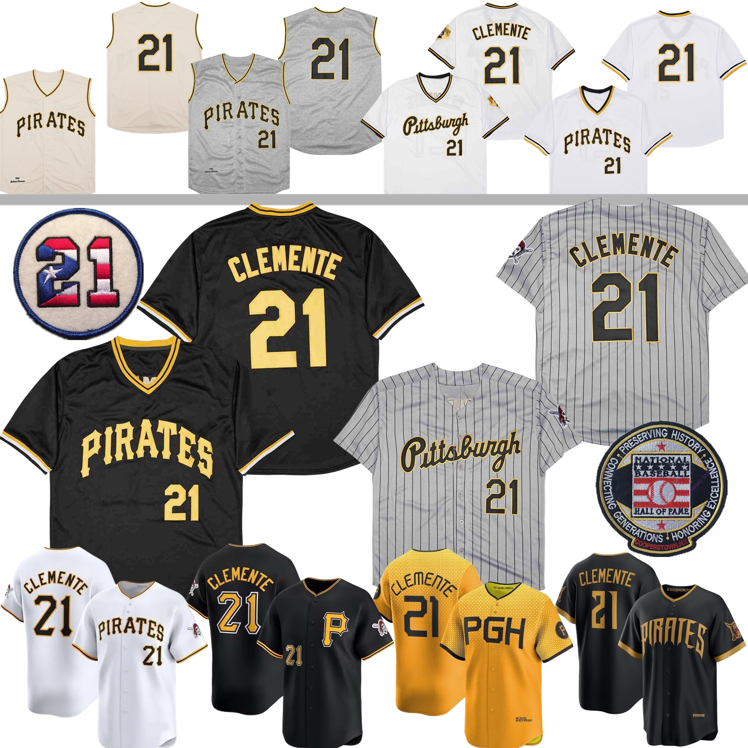 21 Roberto Clemente Retro Jersey Grey Pinstripe Puerto Rico Yellow City Retro Hemp-grey 21 Flag Hall Of Fame Patch Black White Pullover
