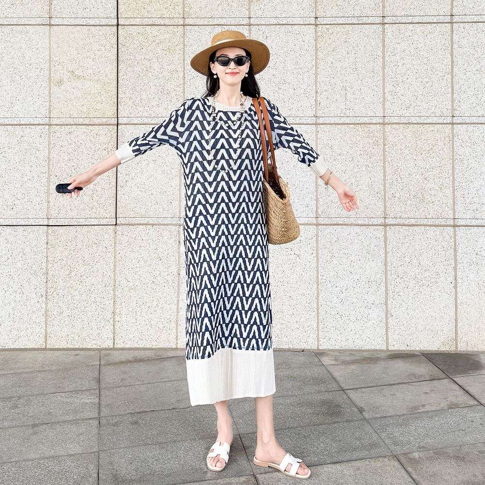 Summer New Miyake Pleated Long Dress, Plus Size Women Printed Pattern Slimming Dress, Elegant Fashion Casual High End Daily Party Elegant Lady Maxi Dr