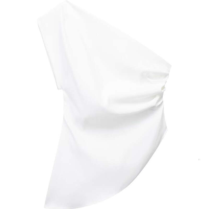 Summer New Women's Fashion European and American Style Asymmetrical Pleated One-Shoulder Solid Color Tank Top