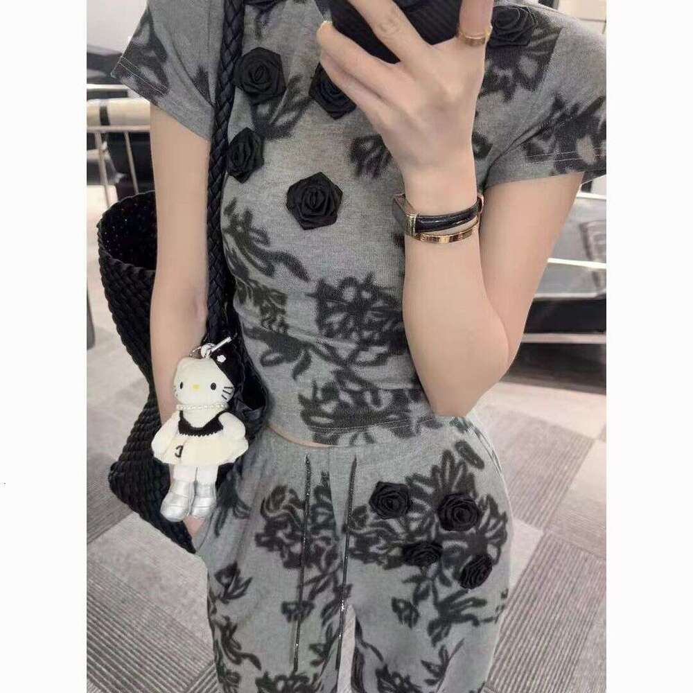 2026 Spring Summer Niche Korean Two Piece Set, 3D Floral Tie Dye Short Sleeve T-Shirt, Casual Wide Leg Pants Fashion Daily Streetwear Outfit MAKOUFEI