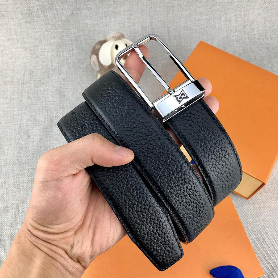 Man Belt Designer Genuine Leather Belts Width 3.4cm Classic Needle Buckle Gold Sliver Color Litchi Striped Plain Black Brown Colors