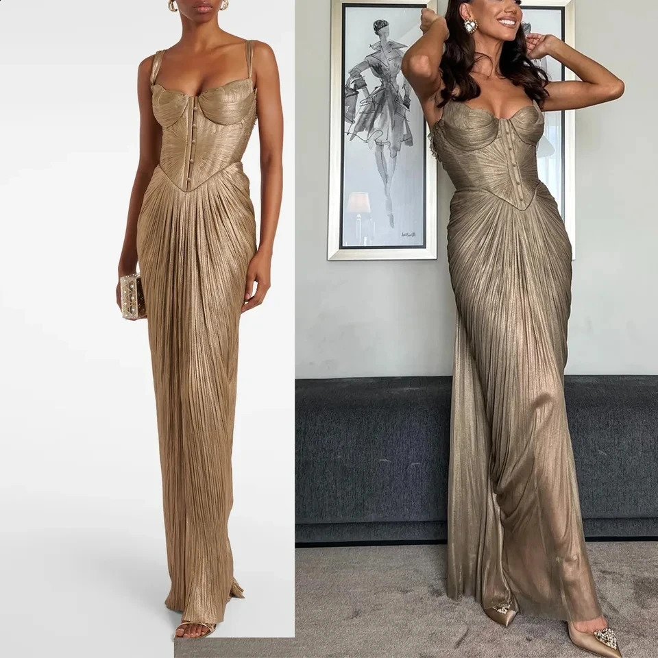 Women Pleated Gold Foil Tie Dress Casual Party Slit Evening Gown Long Elegant Temperament Formal Dress 260424