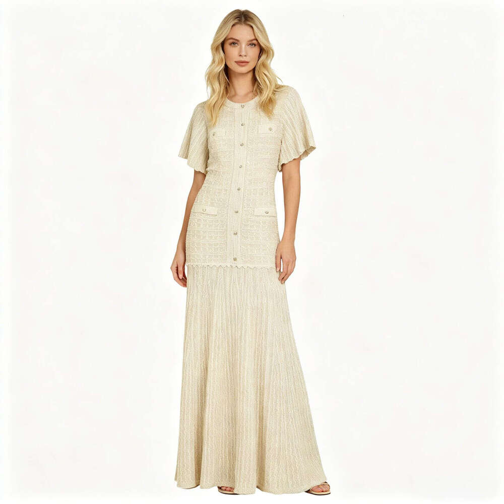 Designer's high-quality summer new celebrity internet celebrity slim fit rhinestone short sleeved round neck shiny k30 silk dress