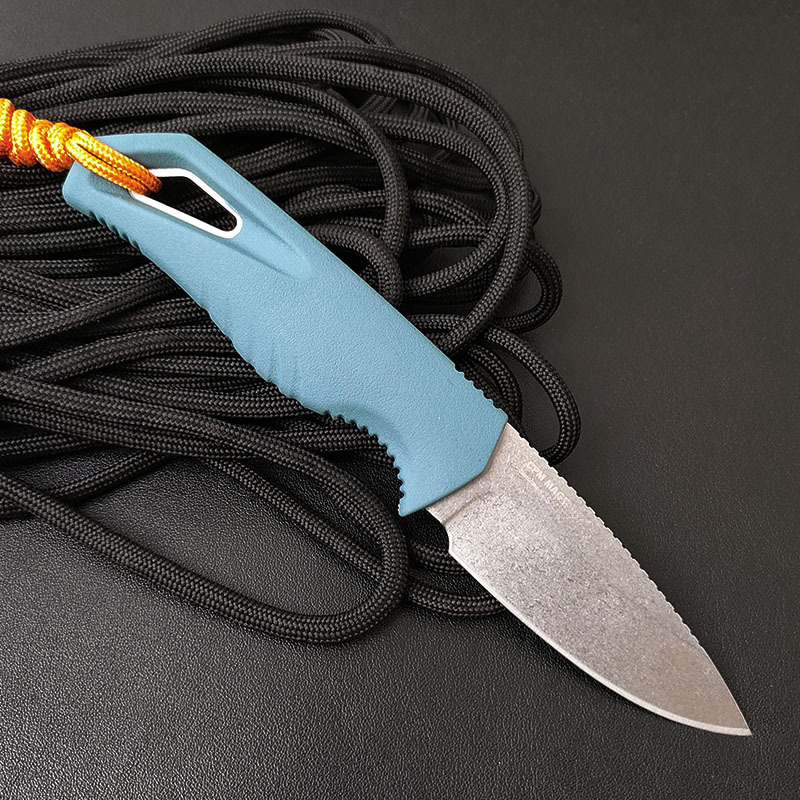 BM18050 2026 New Fixed Stone Washed Knife Blue TPV Handle Survival Small Straight Knife, K Sheath with Clip EDC Tool, Pocket Knife