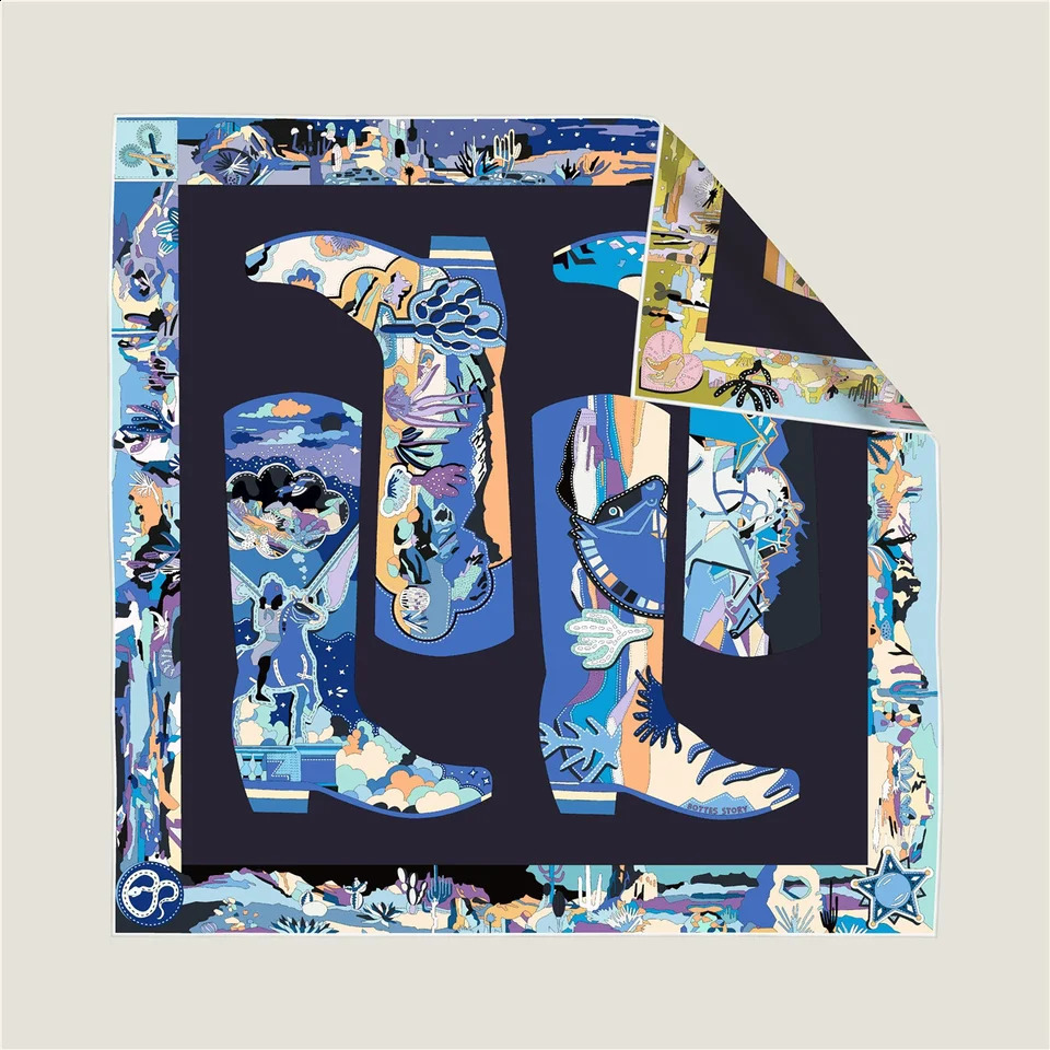 90CM Curled Twill Silk Scarf Women Leather Boots Double Side Printed Square Scarves Wraps Echarpes Foulards Femme Hijab 260424