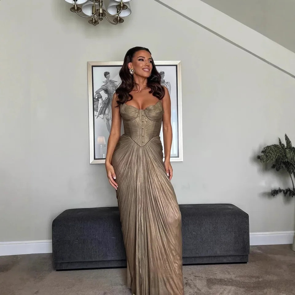 Women Pleated Gold Foil Tie Dress Casual Party Slit Evening Gown Long Elegant Temperament Formal Dress 260424