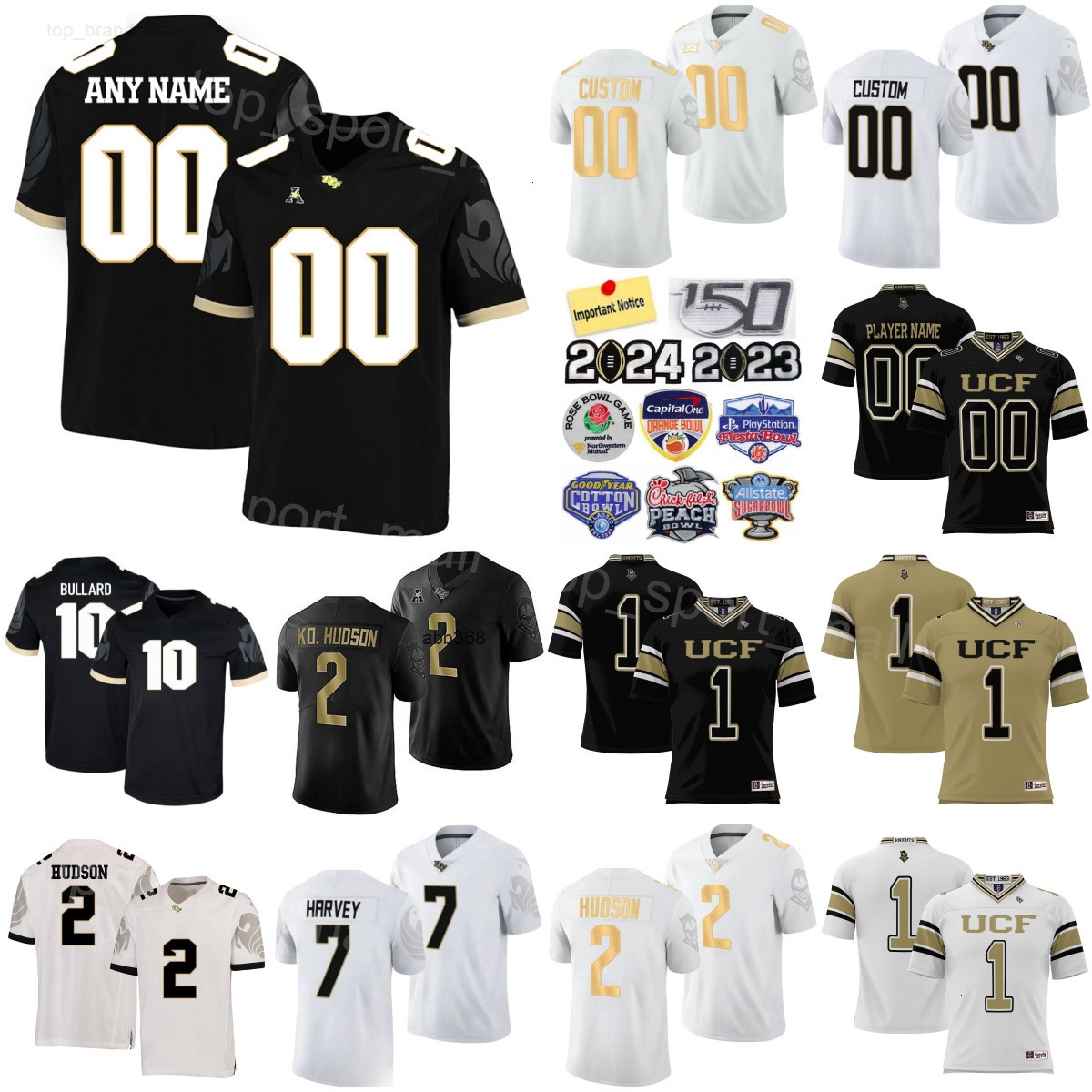 Women Men Youth College Football UCF Knights Jerseys University 7 RJ Harvey 1 KJ Jefferson 13 Peny Boone 2 Hudson 22 Myles Montgomery 3 Deshawn Pace Q