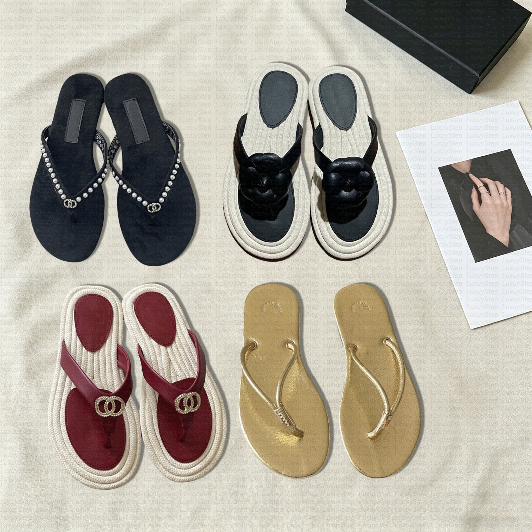 Designer Rope Wrapped Flip Flops Luxury Womens Ladies Quilted Flat Leather Summer Beach Slide Casual White Black Pool Slippers Comfortable Vacation Shoes EU 35-42