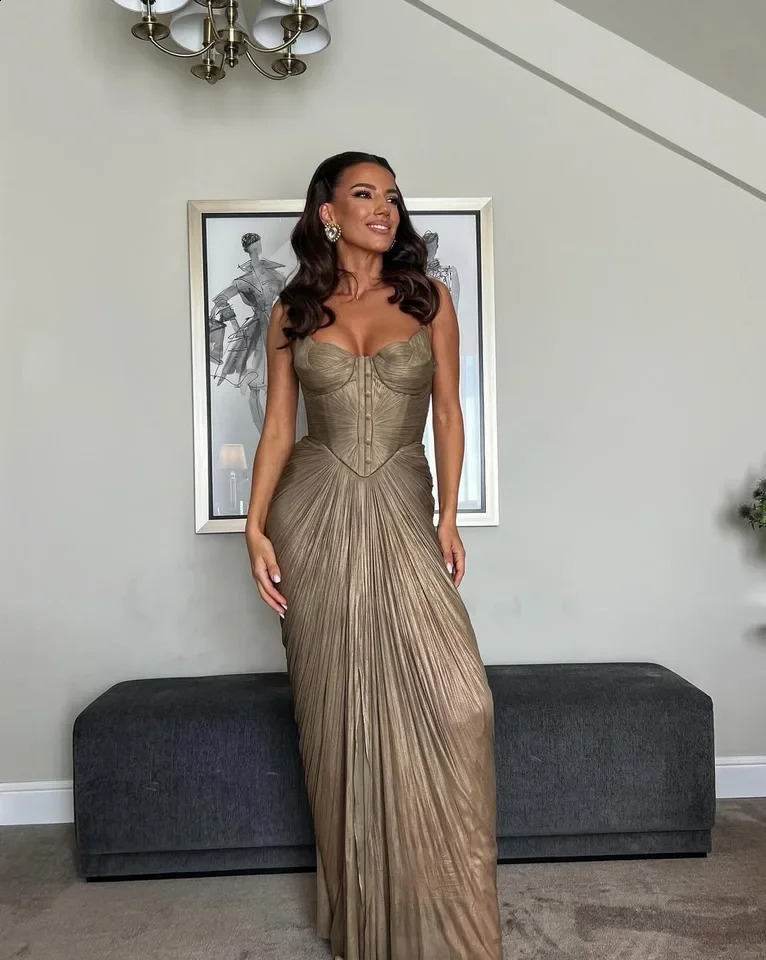 Women Pleated Gold Foil Tie Dress Casual Party Slit Evening Gown Long Elegant Temperament Formal Dress 260424