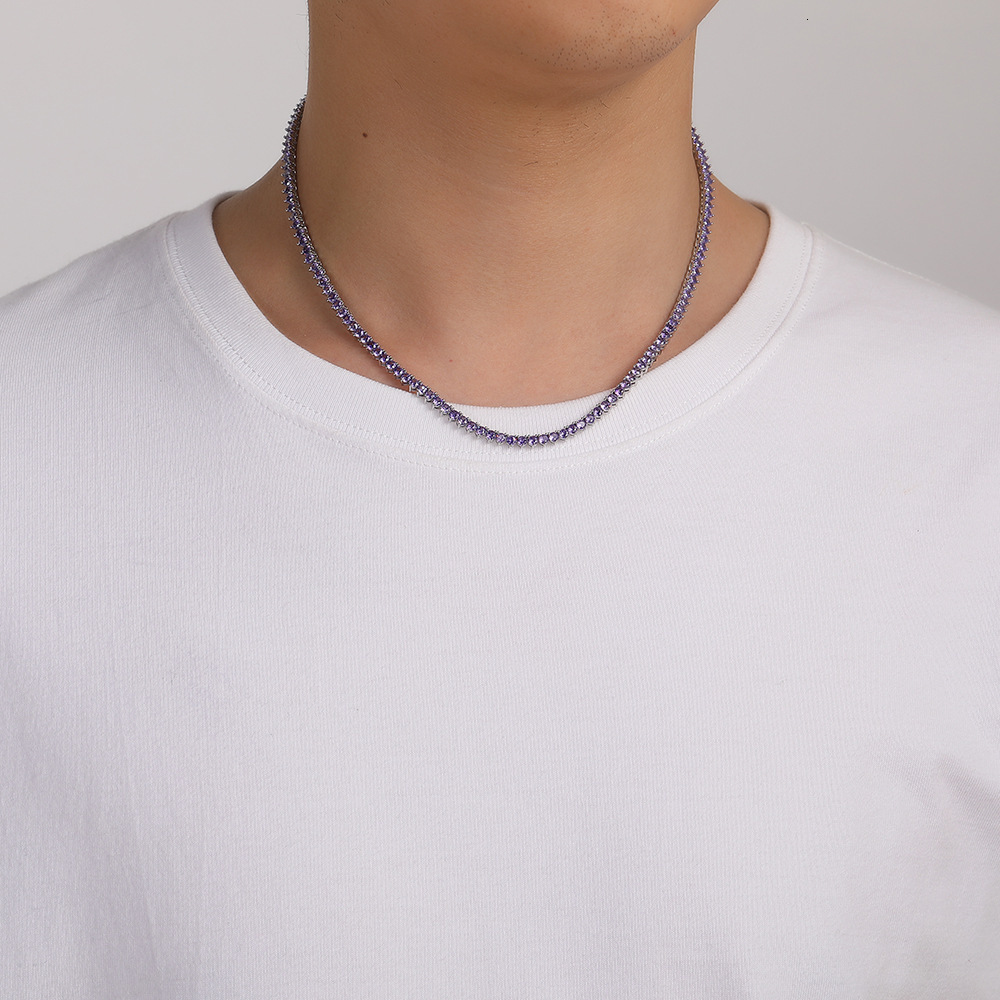 3mm three-prong purple tennis chain womens personalized necklace ins hip-hop silver purple zirconia choker jewelry