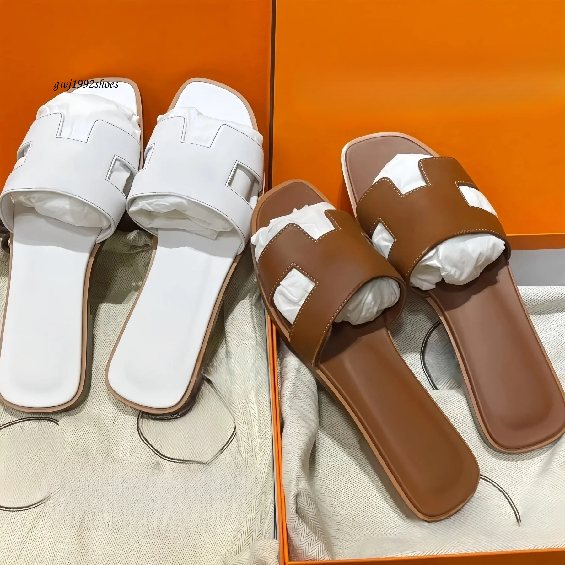 Designer Sandals for Women Casual Slippers Flat Slides Summer Beach Sandals Women Slide White Black Brown Leather Sandal with box 35-43