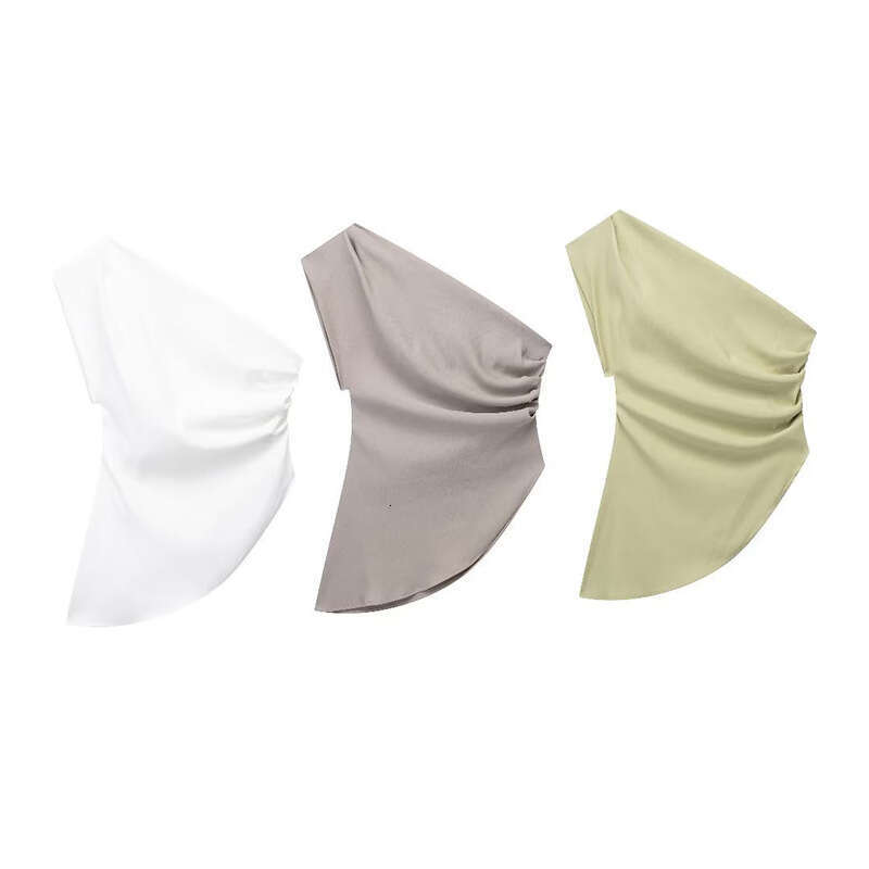 Summer New Women's Fashion European and American Style Asymmetrical Pleated One-Shoulder Solid Color Tank Top