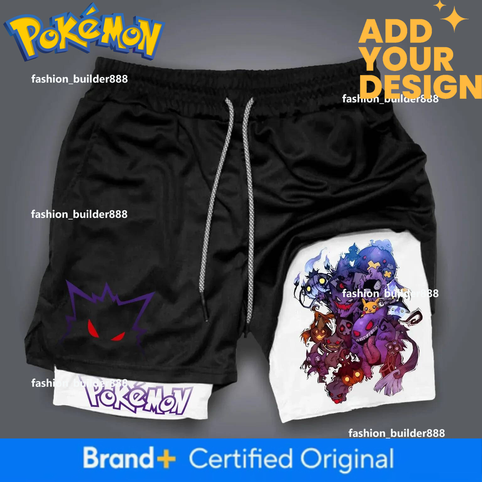 Pokemon Anime Black Double-Layer Sports Shorts 2026 Unisex Summer New Fitness Swimming Breathable Quick Drying 2-In-1 Shorts