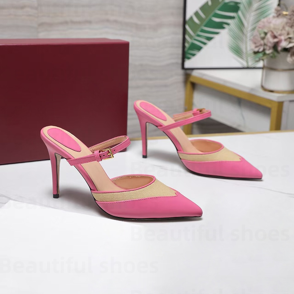 Luxury designer pointed toe slippers mules Foot strap 95 mm stiletto heel sandals leather outsole Pumps women's Muller slippers Party Dress Shoes size 35-42