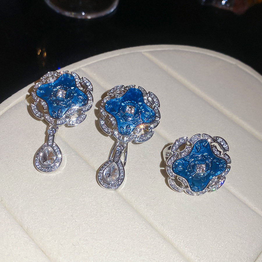 Diamond-studded Enamel Round Teardrop Earrings and Ring Set French Vintage Light Luxury High-end Jewelry - view 8