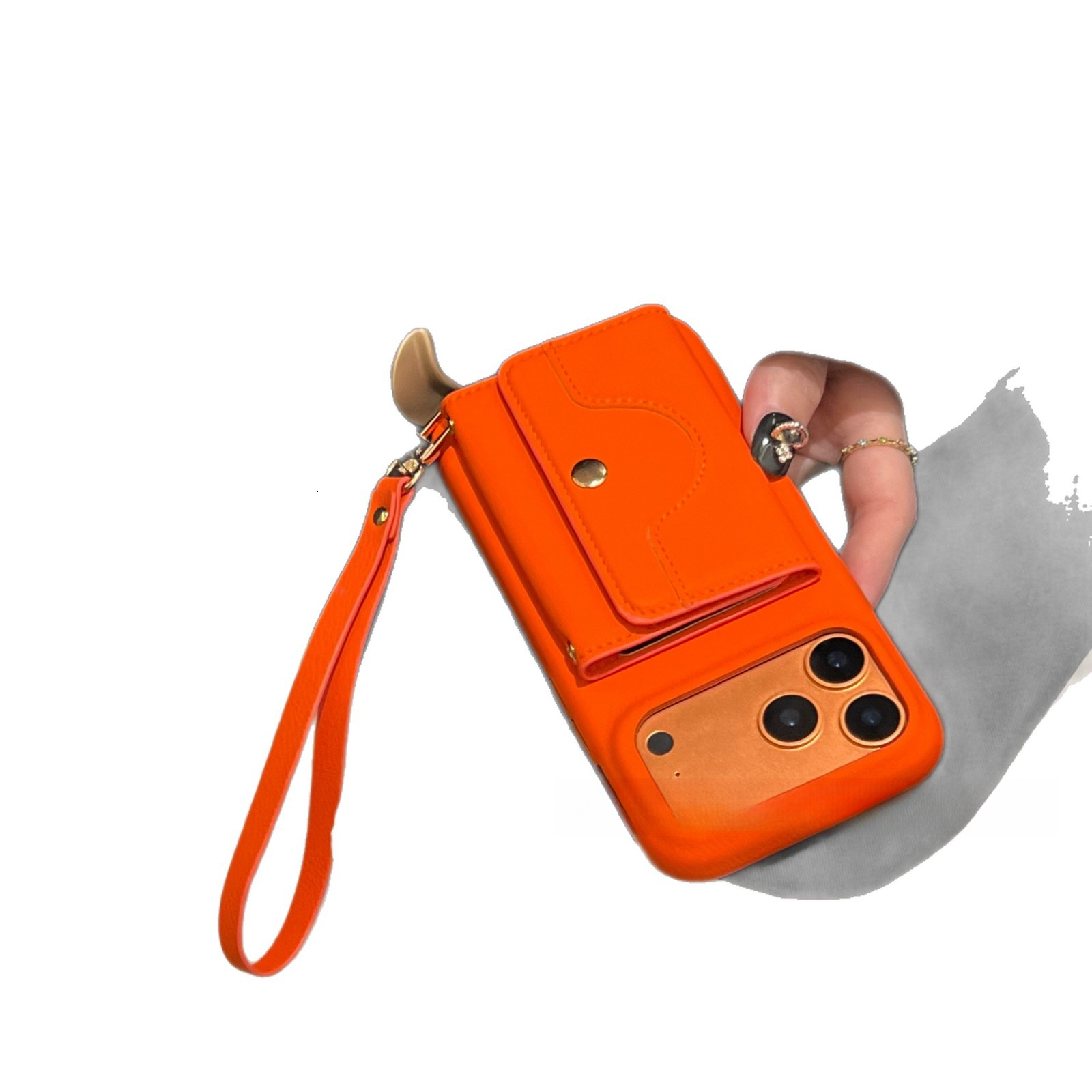 Orange lanyard holder protective suitable for iPhone 17 Pro Max, light luxury card slot European and American style Apple 16 phone case
