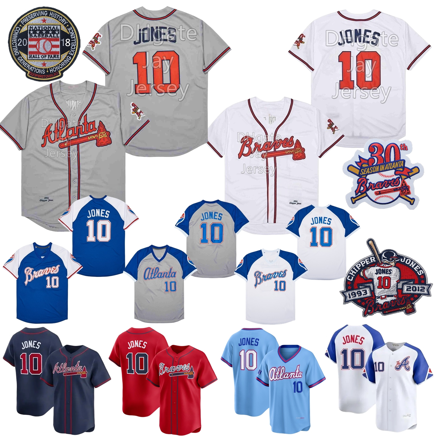 Chipper Jones Jersey 1995 WS Vintage Baseball 1999 Grey White Blue Pullover Hall Of Fame Retirement Patch Army Green Size S-3XL