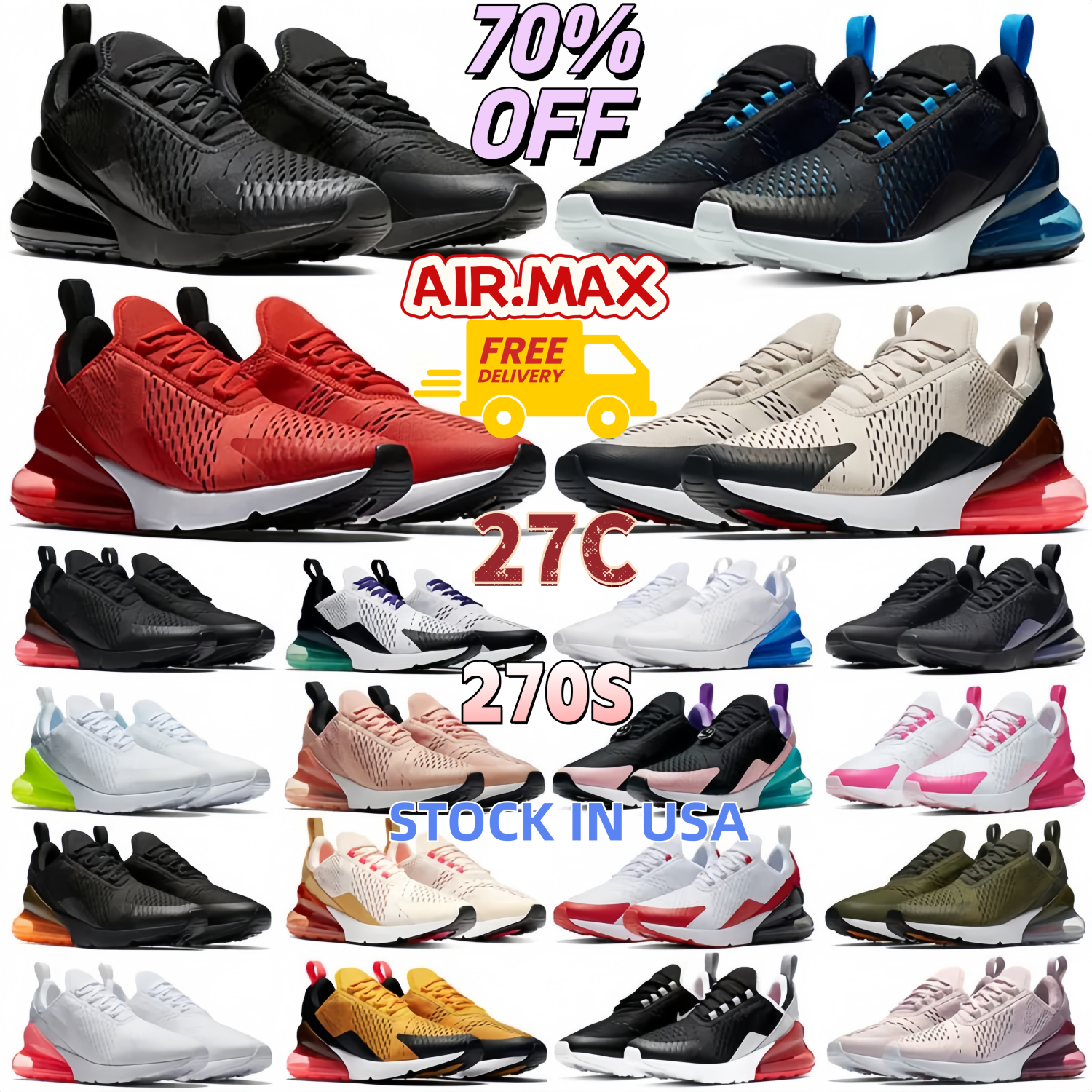 With Box 270 Running Shoes 27C Trainers Mens Women Running Sneakers 270s Designer Black White Navy Blue Photo Bule Cool Grey Rose Pink Red Airs 270 Outdoor Runner Shoes