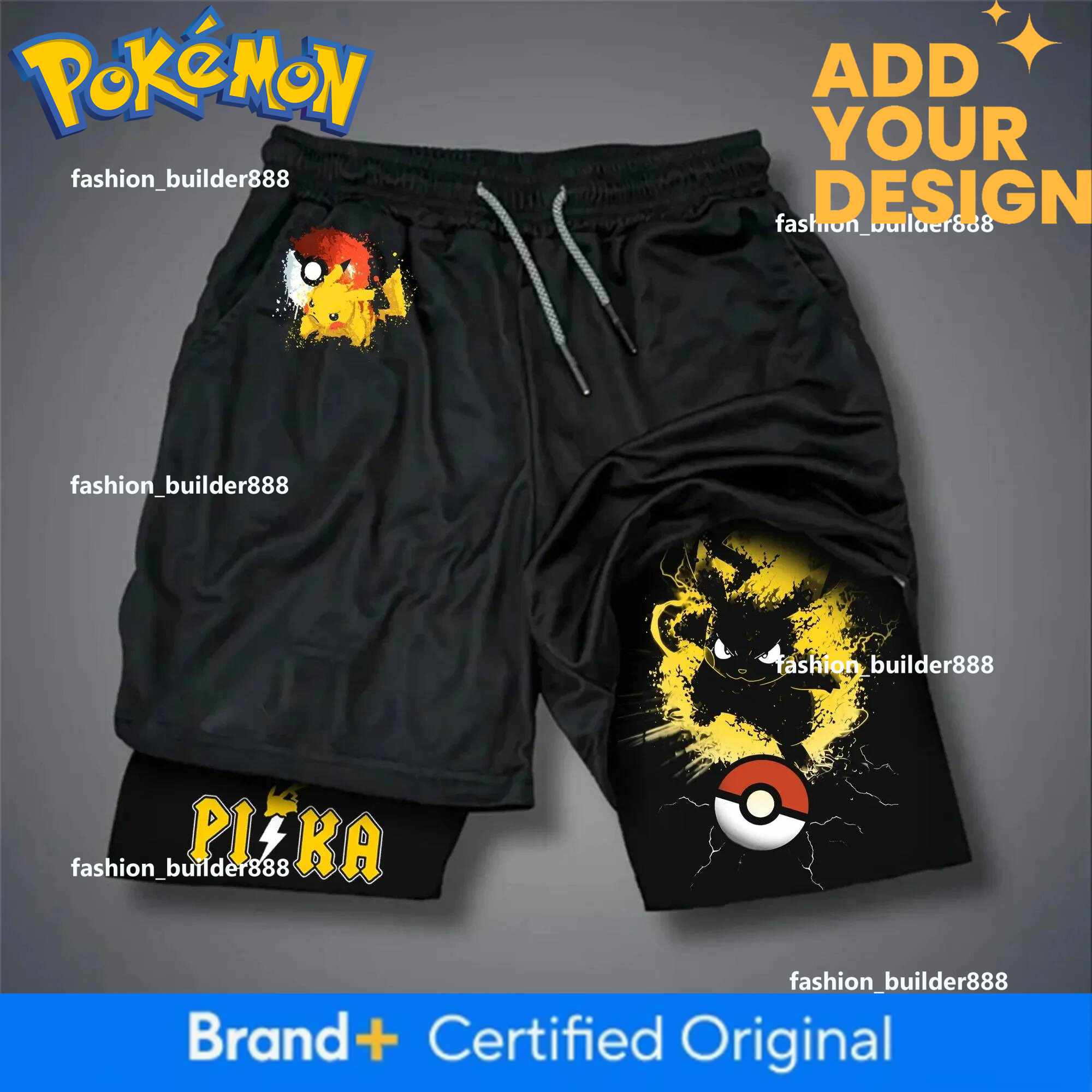 Pokemon Anime Black Double-Layer Sports Shorts 2026 Unisex Summer New Fitness Swimming Breathable Quick Drying 2-In-1 Shorts