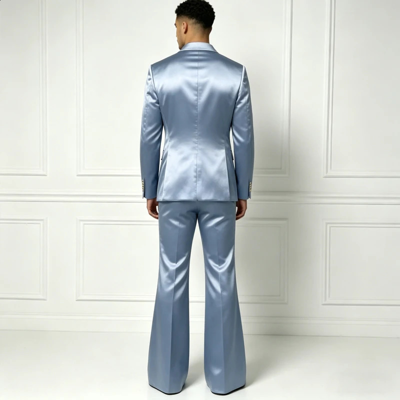 Mens Satin Suit Set 2 Piece Notch Lapel Double Breasted Gold Button Blazer Flare Pants Formal Wedding Prom Party Groom Outfit 260424 - view 7