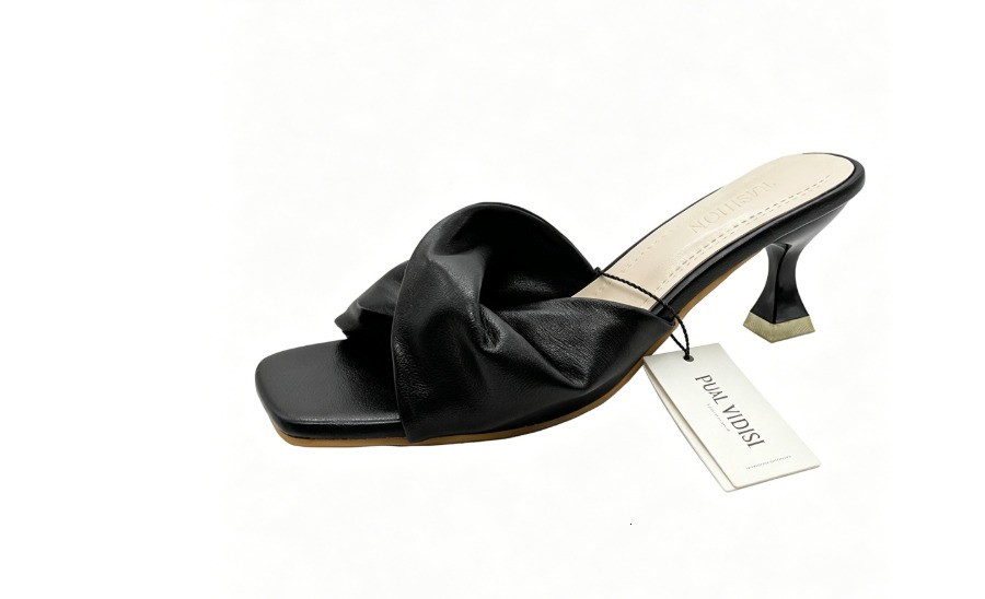 Women Twisted Knot Low Kitten Heel Mules, Square Open Toe Backless Slip On Soft Leather Casual Summer Dress Slide Sandals