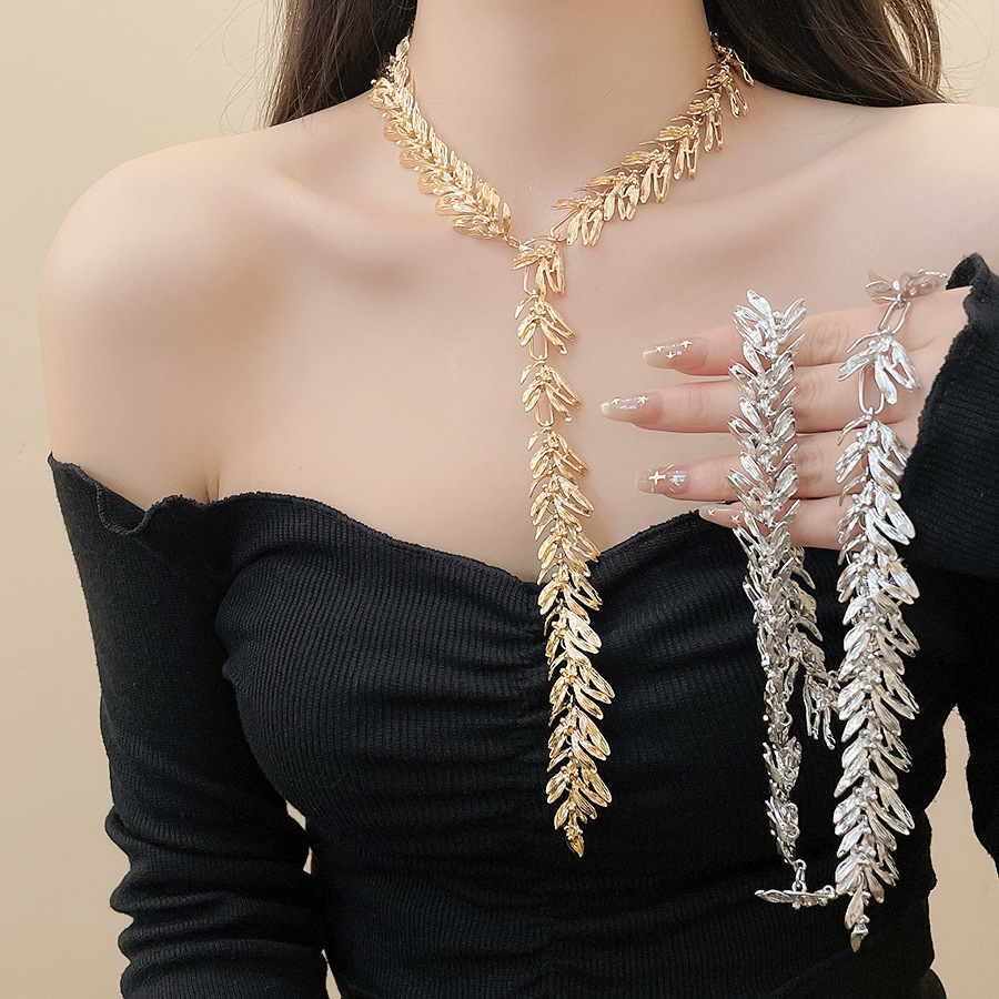 European American cross-border three-dimensional creative wheat ear Y-shaped necklace for women, unique and stylish long leaf tassel commuter accessor - view 3
