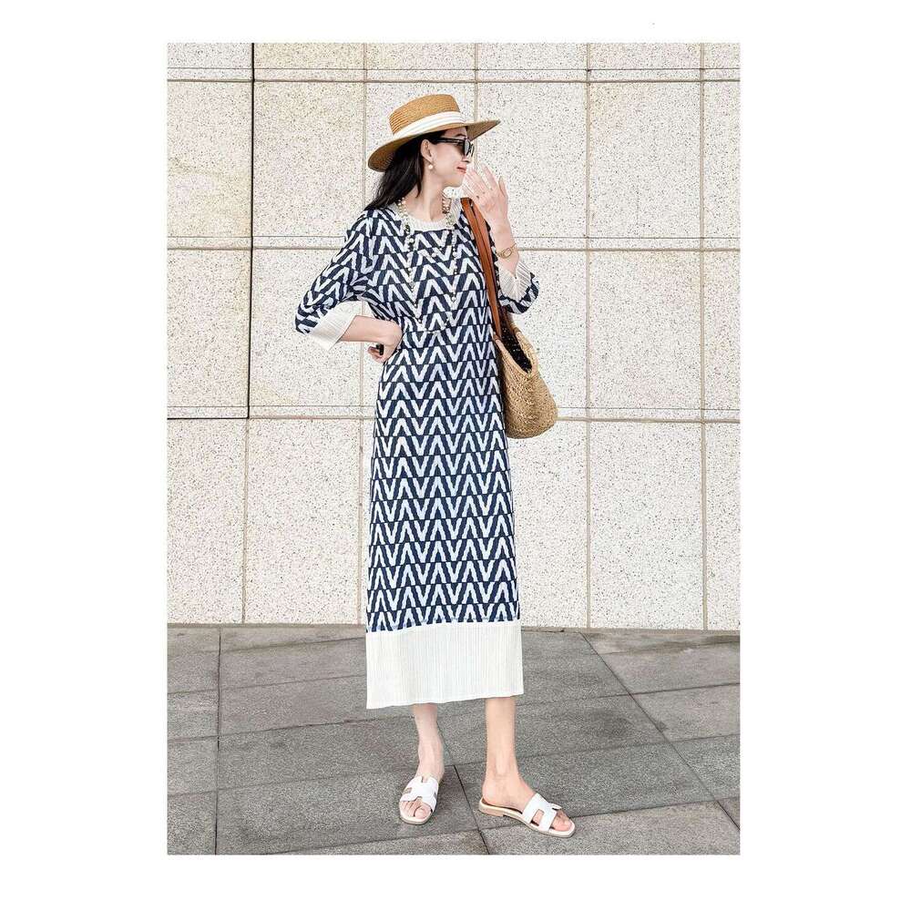 Summer New Miyake Pleated Long Dress, Plus Size Women Printed Pattern Slimming Dress, Elegant Fashion Casual High End Daily Party Elegant Lady Maxi Dr