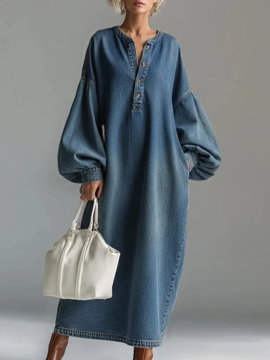 Chic Casual Vintage Denim Dress Loose Long Sleeve Big Pockets Single-breasted V Neck Robes Lantern Sleeve Maxi Dress Vestidos 260424