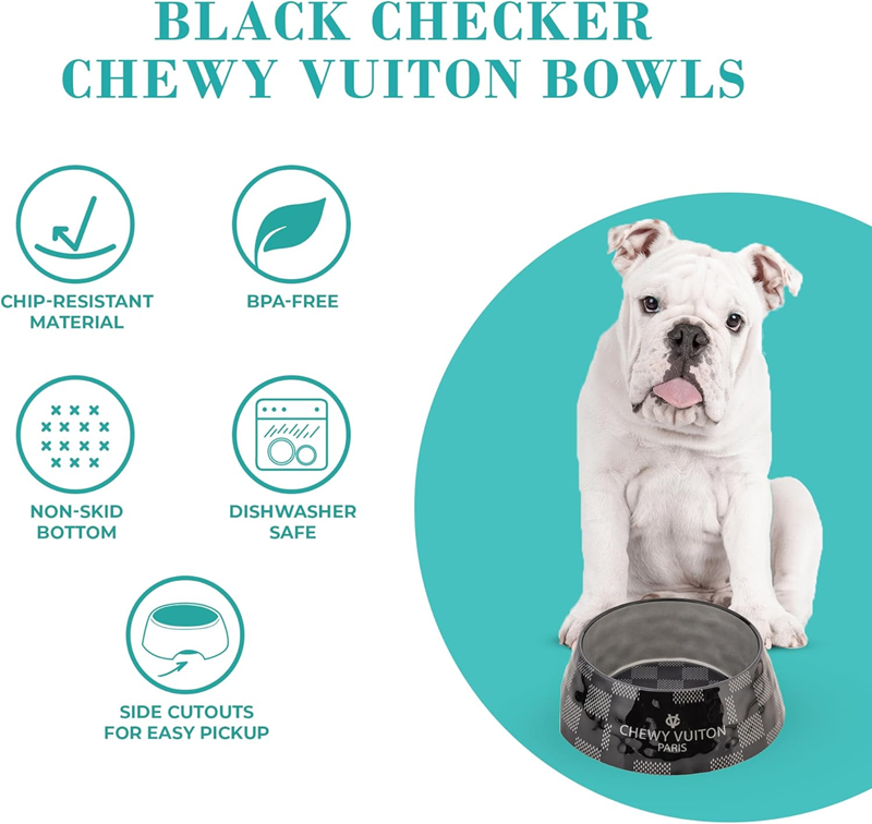 Designer Pet Bowl Luxury Chewy Vuiton Checkerboard Pet Bowl Mat set for Fur Babies Paw Babies Food Grade Melamine Dog Cat Bowl with Non Slip Base J36 - view 6