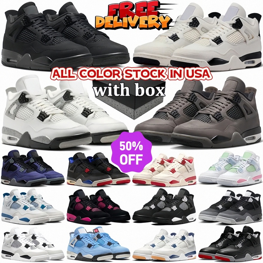 Stock In USA 4 4s Basketball Shoes White Cement OG Black Cat 2025 Retro Bred Military Red Thunder Olive Laker Purple Metallic Cave Stone Rare Flight Club Sail Sneakers