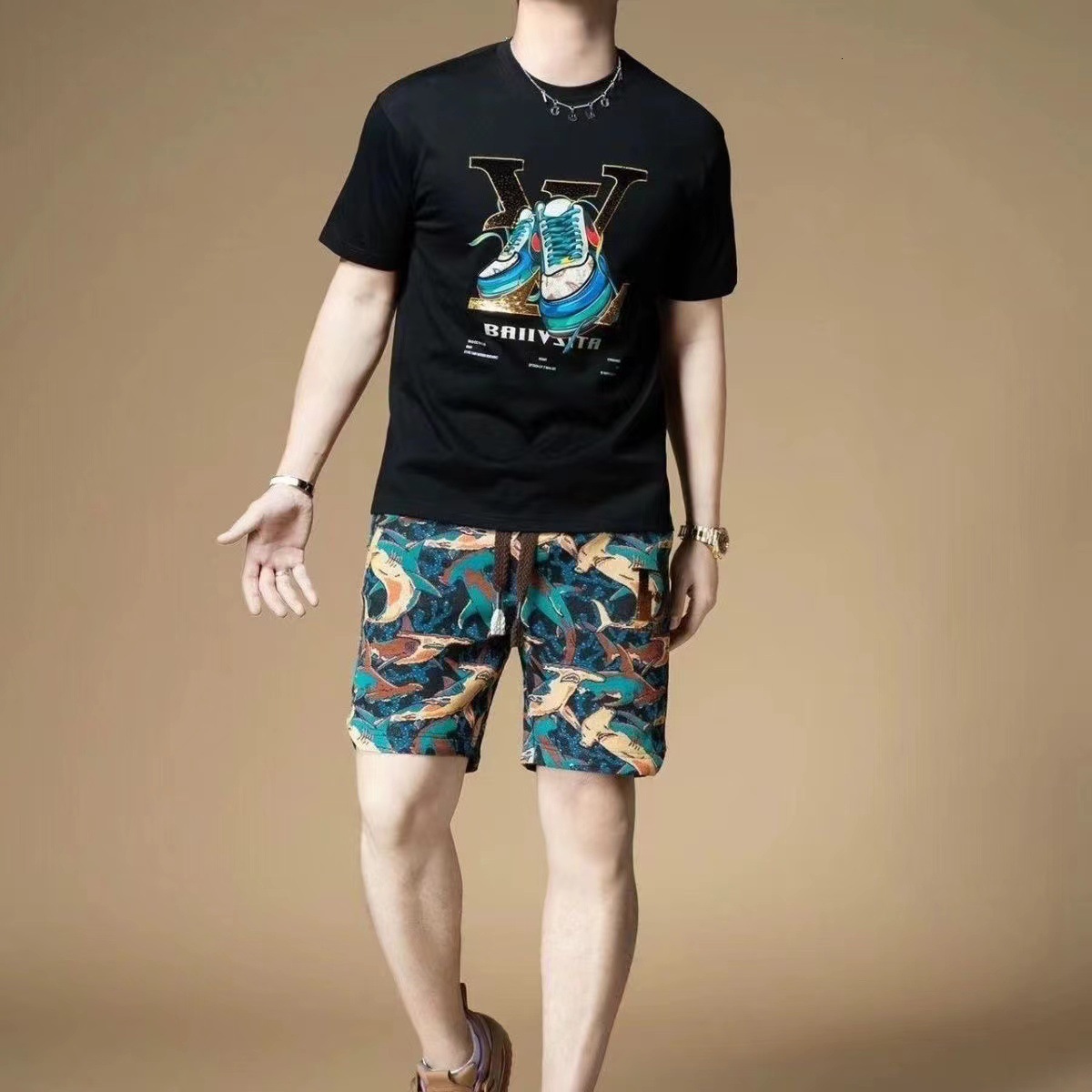 Designer Style Luxury Plus Size Men's Summer Essential High-end Brand Clothing, Pure Cotton Fashion New Short Sleeved T-shirt Top+casual Shorts T