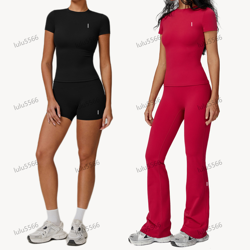 Women Yoga Shirt Tops Cew Neck Fintness Short Sleeve Crop Top T Shirt shorts set Skinfriendly Top workout sets women gym clothes leggings flare pants tracksuit