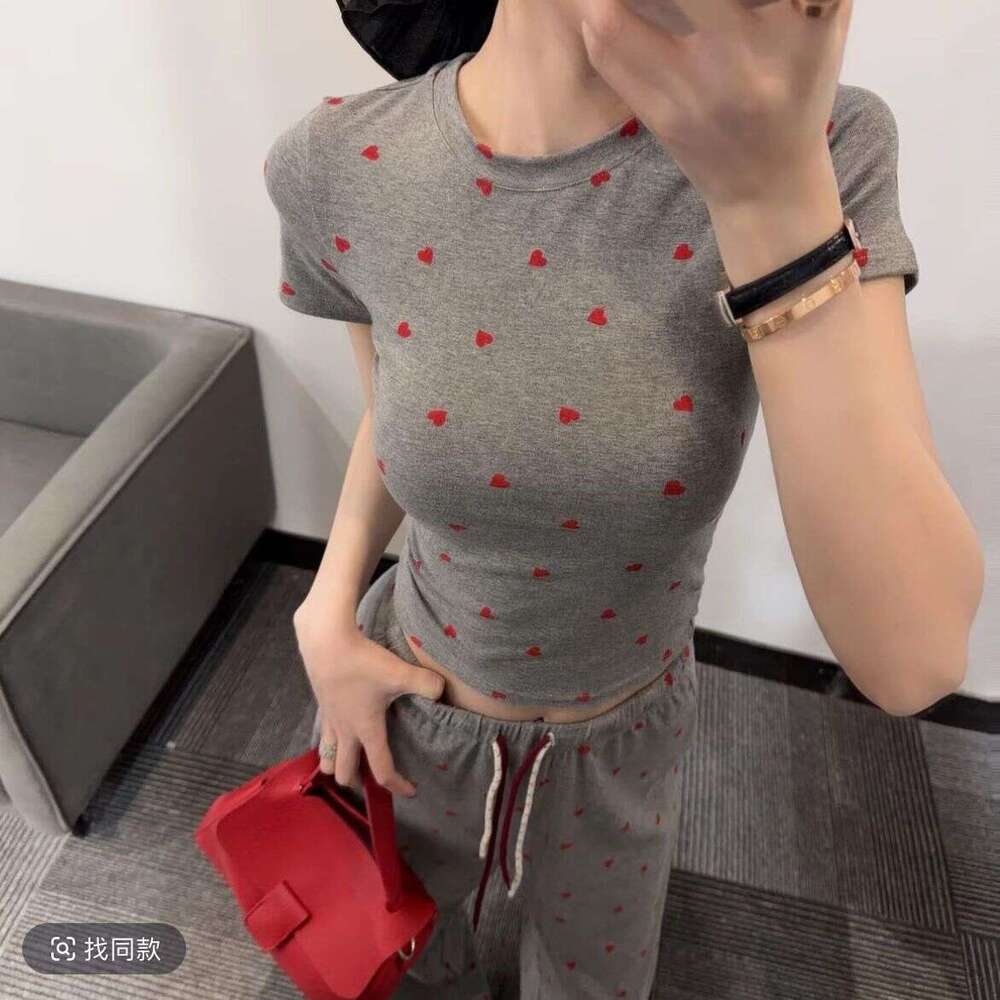 2026 New Niche Design Korean Two Piece Set, Heart Pattern Loose Top + Wide Leg Pants, Summer Casual Daily Streetwear Outfit MAKOUFEI
