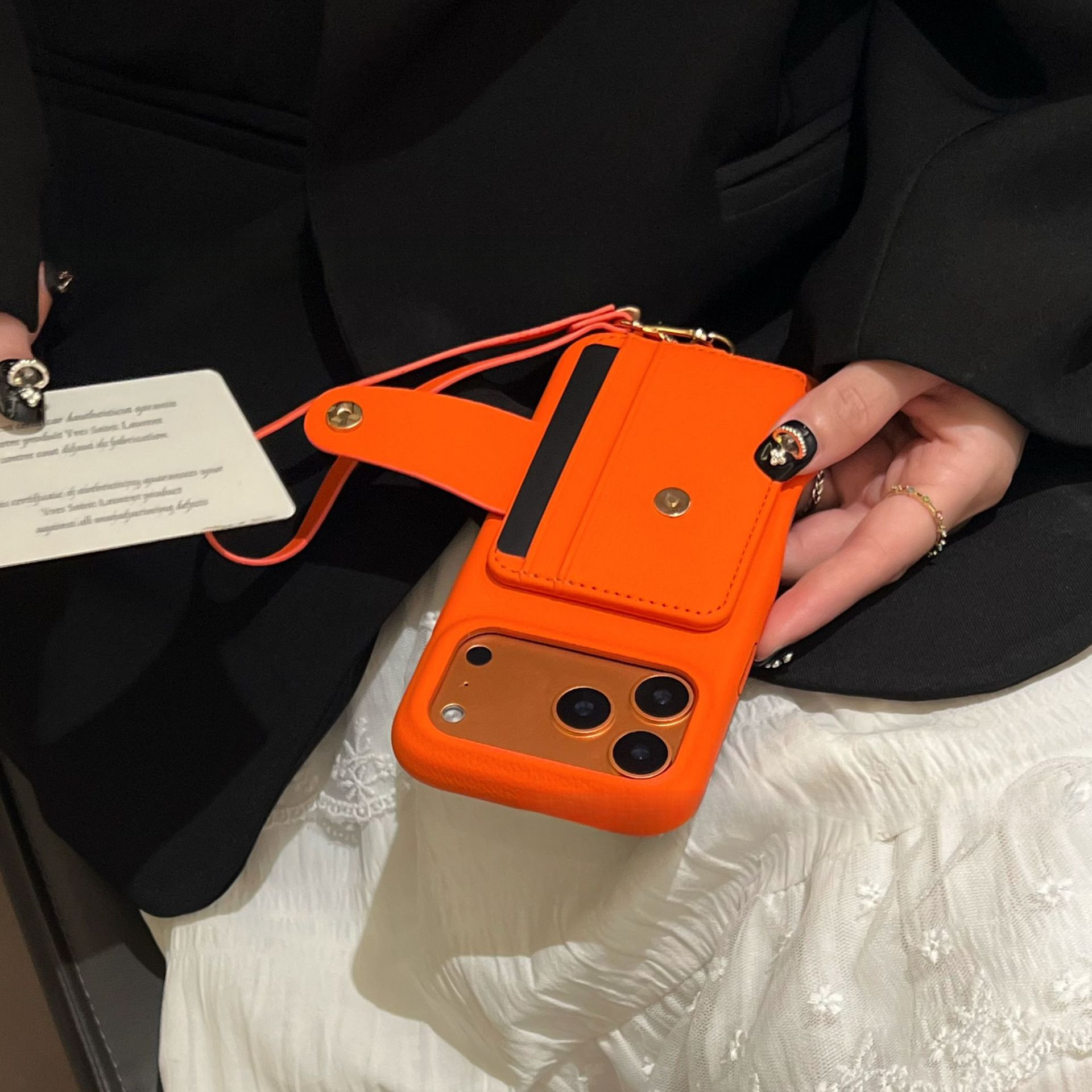 Orange lanyard holder protective suitable for iPhone 17 Pro Max, light luxury card slot European and American style Apple 16 phone case
