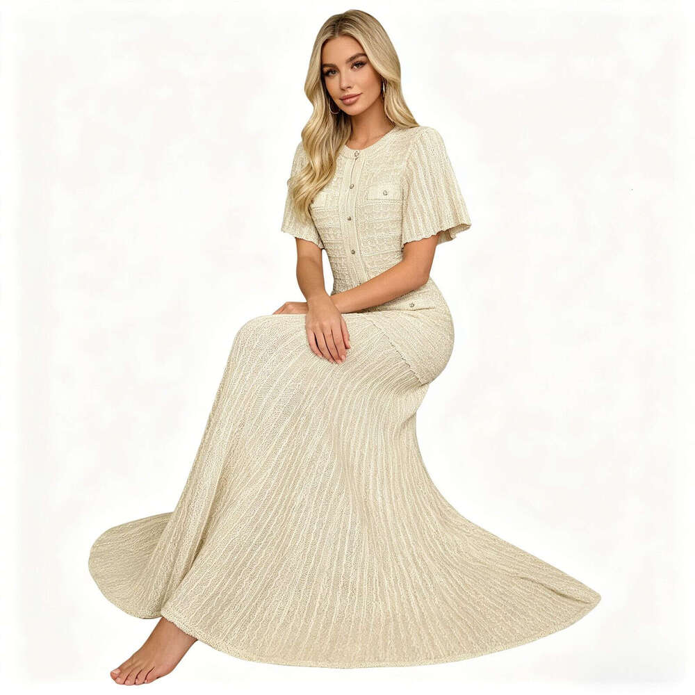 Designer's high-quality summer new celebrity internet celebrity slim fit rhinestone short sleeved round neck shiny k30 silk dress