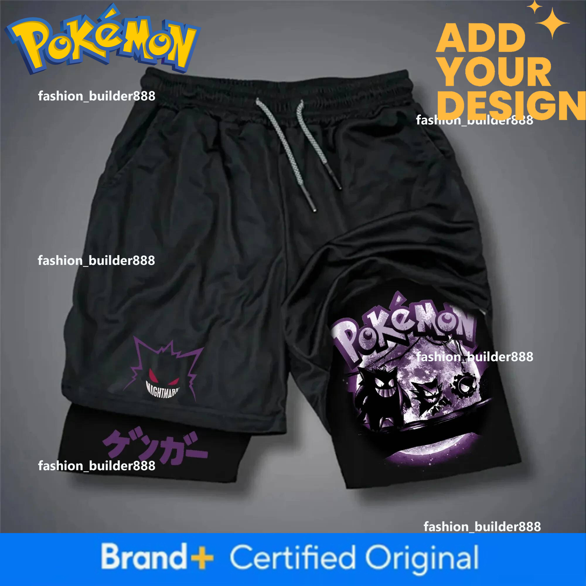 Pokemon Anime Black Double-Layer Sports Shorts 2026 Unisex Summer New Fitness Swimming Breathable Quick Drying 2-In-1 Shorts