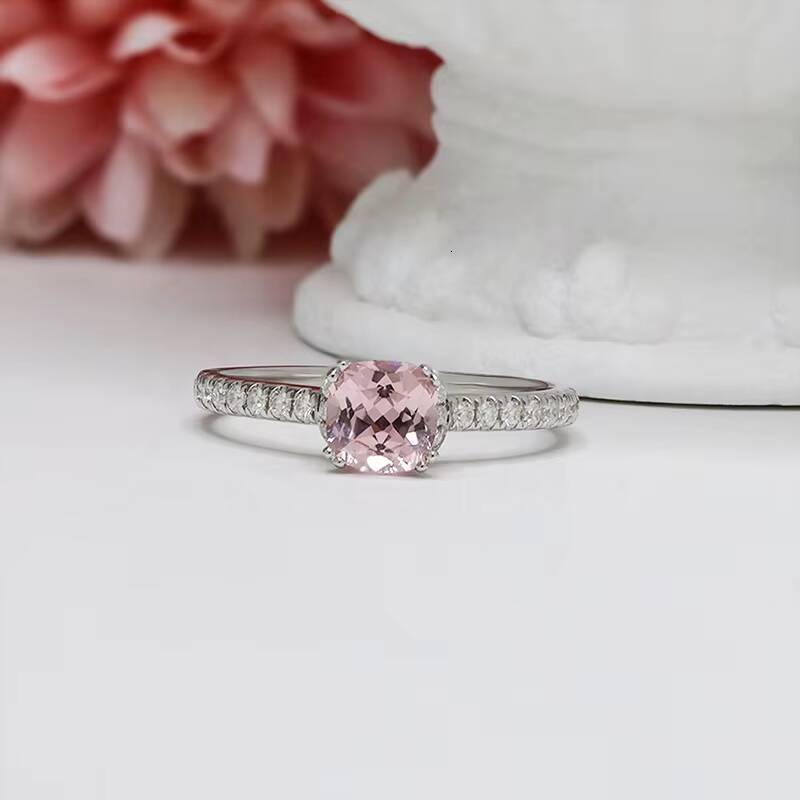 Morgan Pink Color 6x6mm Cushion Cut Lab Grown Sapphire Silver925 Ring with Moissanite Diamond