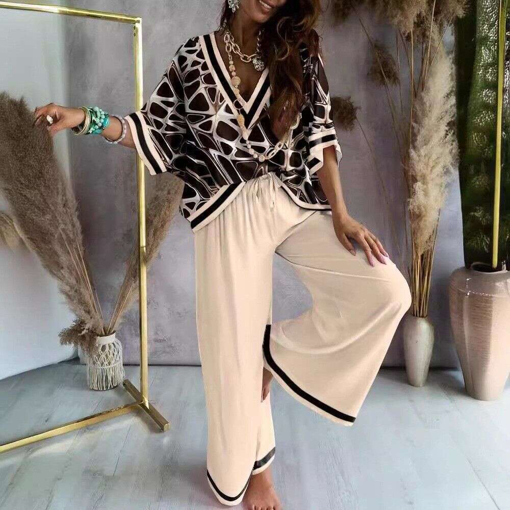 New Niche European American Foreign Trade Two Piece Set, Printed Bat Sleeve Top, Casual Wide Leg Pants, Trendy Stylish Daily Party Streetwear Women Ou
