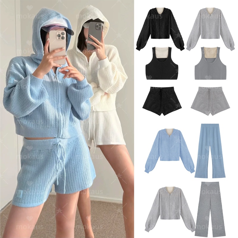Aloismnessly Waffle Knit Zip Hooded Cardigan Set Pants Shorts Womens Casual Outfit Waffle Knit Hoodies Wide Leg Pants Loose Sports Knit Pants Yoga Jacket