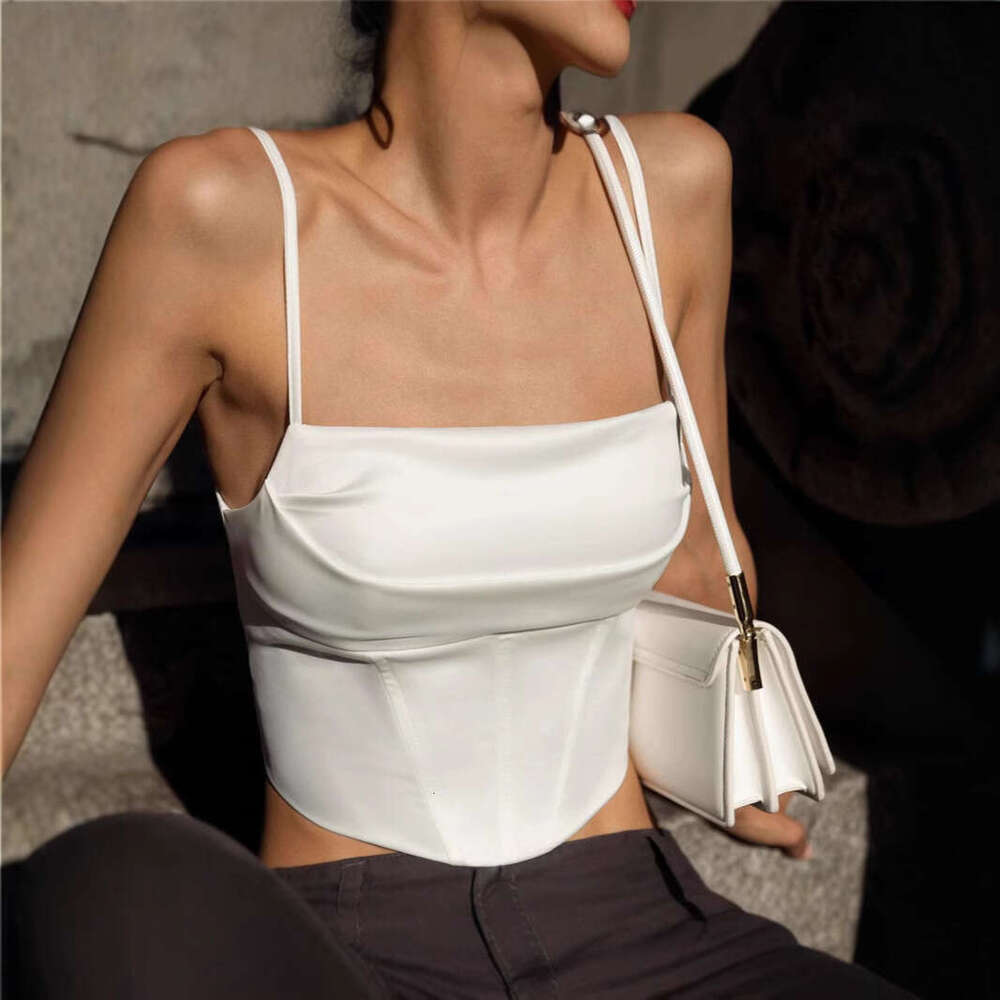 Sexy satin fishbone tube for women, autumn back-tie crop top with exposed midriff and waist cinching, pure desire camisole