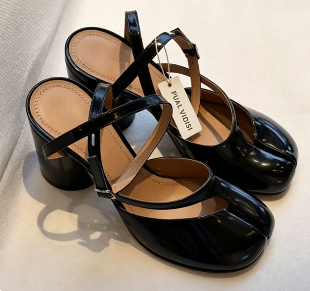 Women Patent Leather Tabi Split Toe Heeled Sandals, Ankle Strap Buckle Chunky Block Mid Heel Backless Vintage Mary Jane Shoes