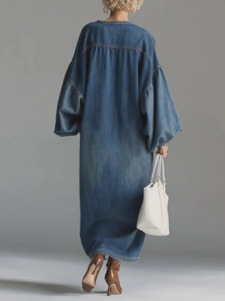Chic Casual Vintage Denim Dress Loose Long Sleeve Big Pockets Single-breasted V Neck Robes Lantern Sleeve Maxi Dress Vestidos 260424