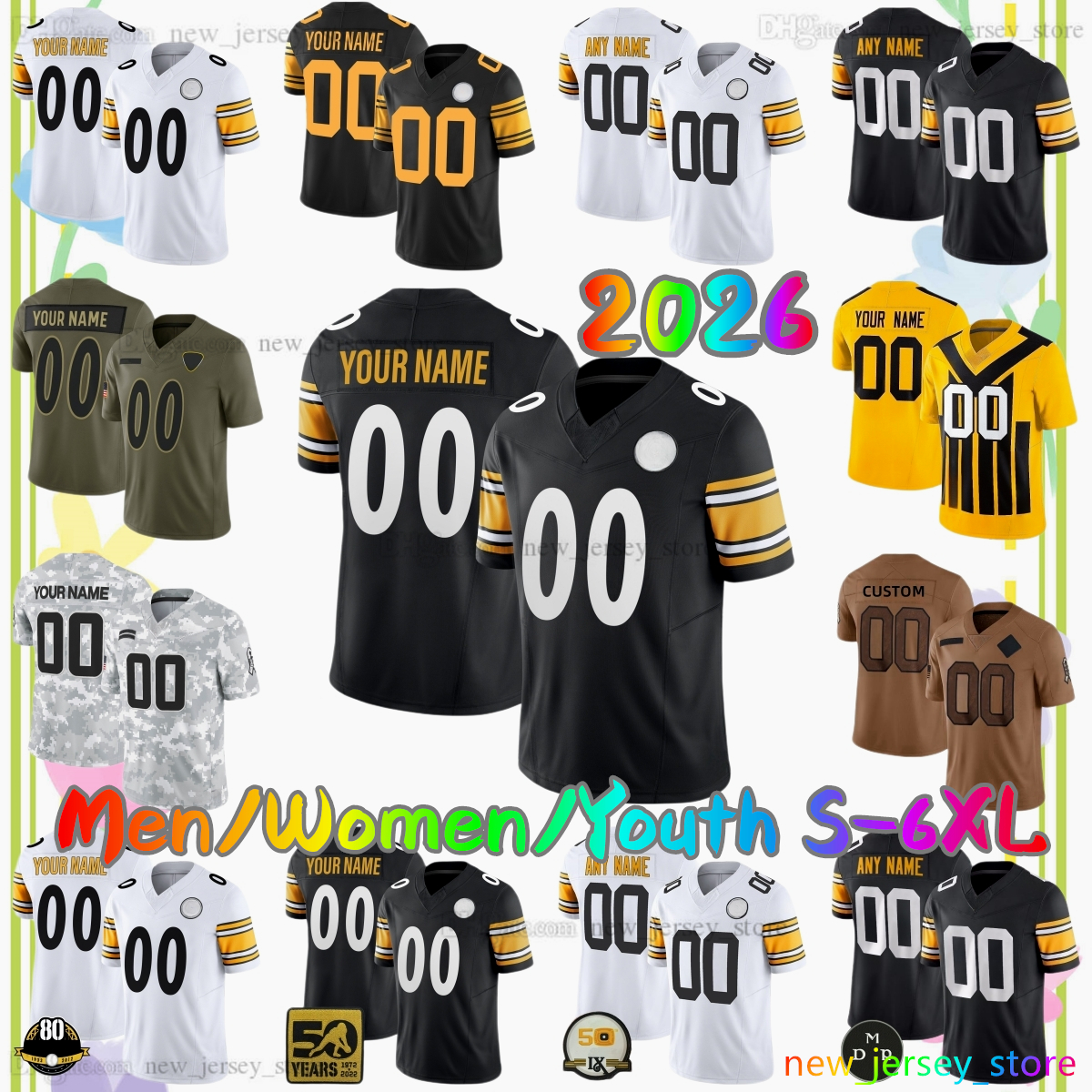 2026 Custom S-6XL 90 T.J. Watt Football Jersey 5 Jalen Ramsey 4 DK Metcalf 88 Pat Freiermuth 97 Cameron Heyward 77 Broderick Jones 71 Max Iheanachor 8 Aaron Rodgers Jerseys