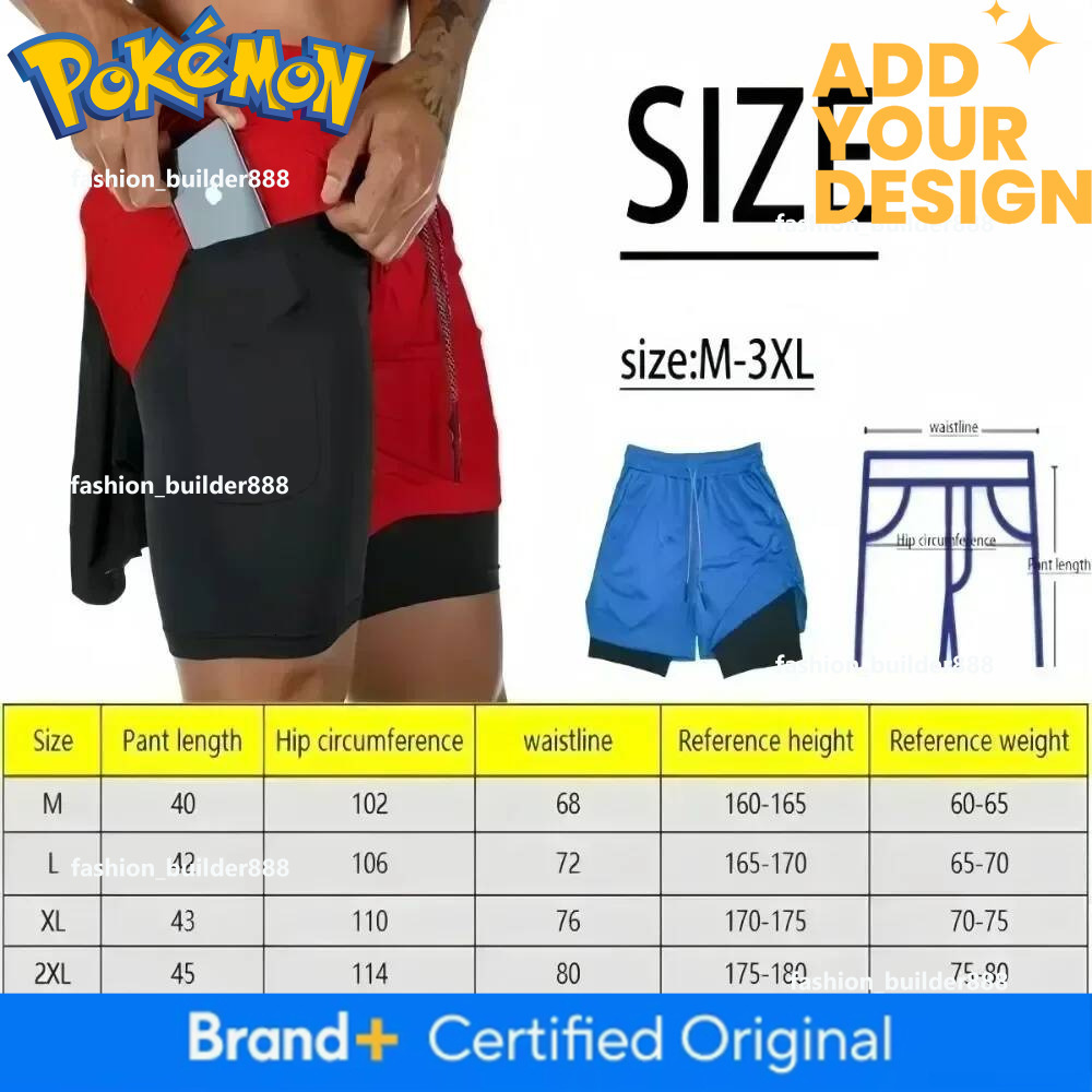 Pokemon Anime Black Double-Layer Sports Shorts 2026 Unisex Summer New Fitness Swimming Breathable Quick Drying 2-In-1 Shorts