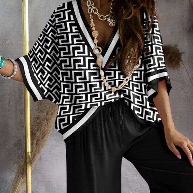 New Niche European American Foreign Trade Two Piece Set, Printed Bat Sleeve Top, Casual Wide Leg Pants, Trendy Stylish Daily Party Streetwear Women Ou