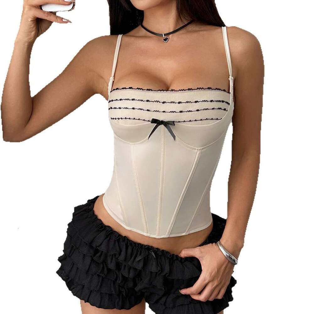 European American Style Lace Bowknot Strap Tie Slim Fit Design Sweet and Spicy Fishbone Bra Niche Vest for Women 71267